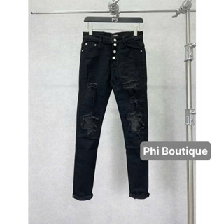 Quần jean bò nam Amiri đen slimfit rách xước vá da nhăn đen phối bấm 3 cúc giả