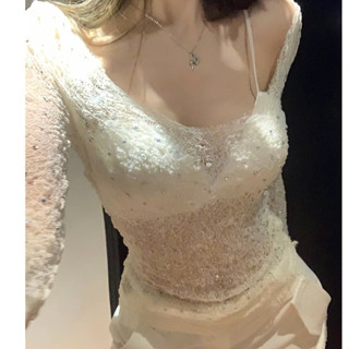 kèm bra Áo thun ren dài tay cổ chữ U mùa hè thời trang nữ rỗng trong suốt gợi cảm hot girl trắng Top