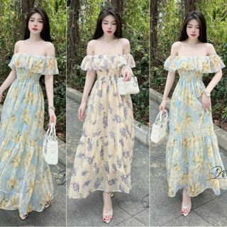 Váy nữ trễ vai, nhún eo mix dáng váy maxi xòe dài họa tiết hoa hè nhẹ nhàng dành cho các nàng mặc đi biển, đi chơi xinh.