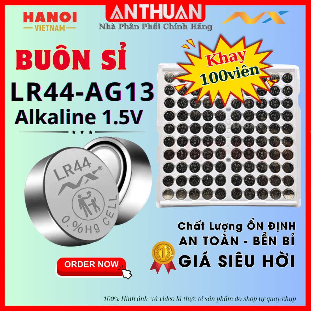 LR44 Khay 100 viên AG13 Nuoxing Pin alkaline 1.5v an toàn- bền bỉ