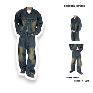 Set Denim Jeans Rock Chic Ver.2 Gồm Áo Khoác Denim Jacket Form Crop Và Quần Jean Ống Rộng Wash Vằn