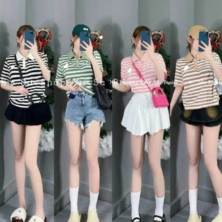 Bigsize 60-95kg Áo thun cottong kẻ thêu chữ C Nhi Bigsize Áo thun cổ trụ sọc ngang phối màu thêu chữ cho nữ