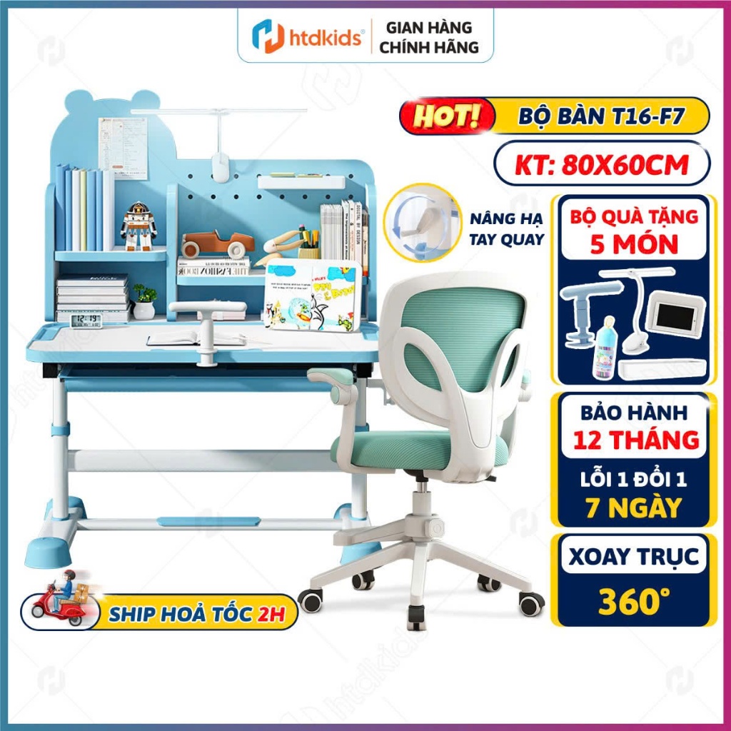 Bàn học cho bé HTDkids T18, Bàn học sinh có giá sách, tăng giảm chiều cao theo tuổi và sự phát triển