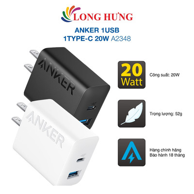 Cốc sạc Anker 1USB 1Type-C 20W A2348 - Hàng chính hãng
