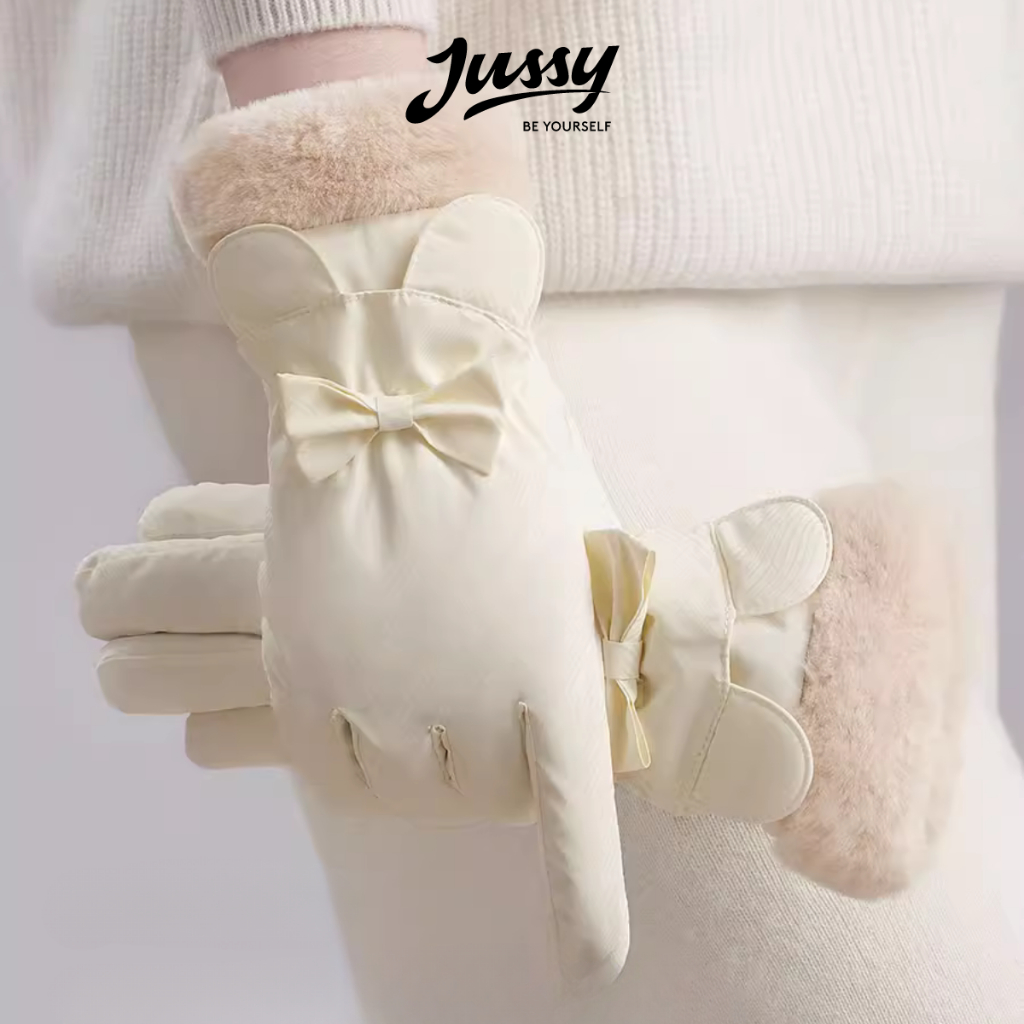 Găng Tay Mùa Đông Lót Lông Không Thấm Nước Đính Nơ Xinh Xắn JG24 Jussy Official Bao Tay Nữ Vải Chống