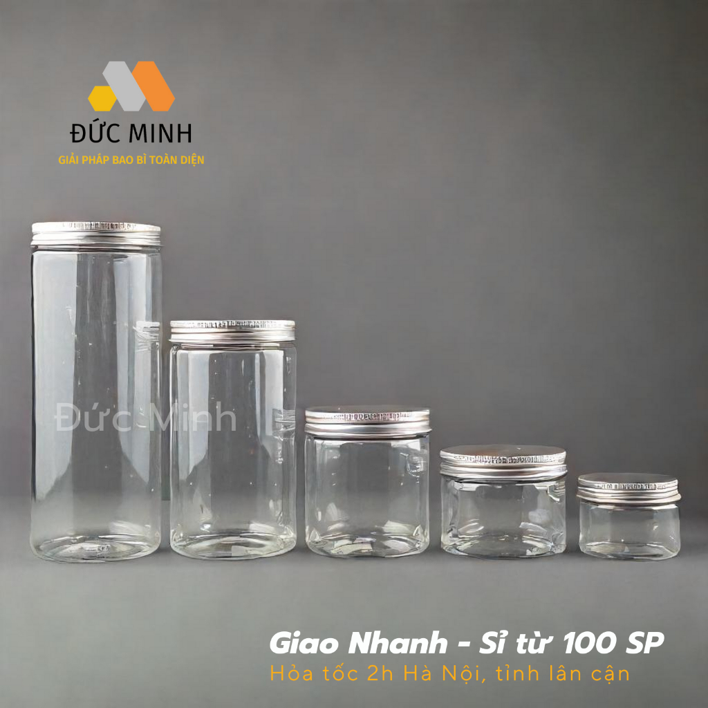 Hũ nhựa đựng thực phẩm, mỹ phẩm nắp nhôm bạc tất cả các dung tích 50ml- 1500ml