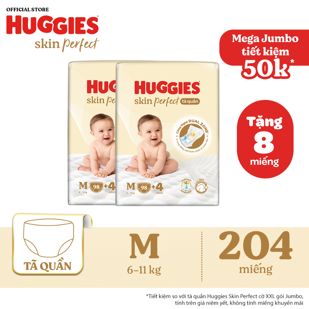 Combo 2 Tã quần Huggies Skin Perfect Mega Jumbo M98/ L88/XL72+4/XXL64+4 với 2 vùng thấm giảm kích ứng da