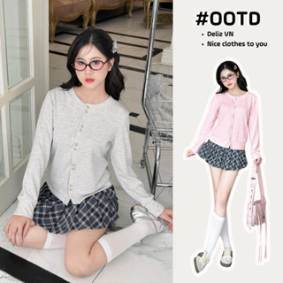 Áo cardigan nữ cổ tròn khoác ngoài chất tăm len hàn mịn basic 4 màu phối cúc đôi điệu đà phong cách