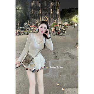 Set Áo Thun Dài Tay Cổ V Thun Tăm Kèm Chân Váy Xếp Li Viền Chân Cá Tính Set Bộ Mặc Thể Thao Pickleball - Thời Trang Nữ