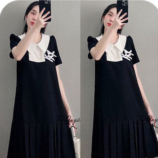 [V361] MẪU MỚI] VÁY BẦU CỒNG SỞ DỰ TIỆC MÙA HÈ CỰC XINH-ĐẦM BẦU BABY DOLL ĐEN PHA CỔ NƠ TRẮNG CHÂN XẾP LY DÁNG TIỂU THƯ