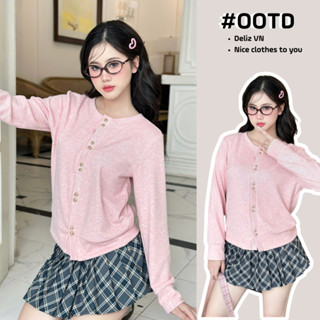  Áo cardigan mỏng nữ cổ tròn phối cúc đôi thời trang Áo khoác tăm hàn cao cấp kiểu cadigan màu be hồng ghi basic 