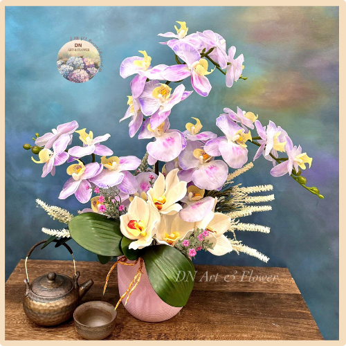 Bình hoa lan hồ điệp tím. Chậu lan giả, Hoa lụa cao cấp decor, hoa giả trang trí - Bình hoa, chậu ho