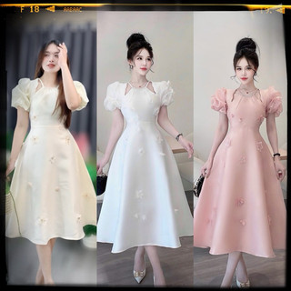 VÁY TRẮNG XOÈ CỔ V DỰ TIỆC, ĐẦM TIỆC CƯỚI CÔ DÂU NƠ EO
