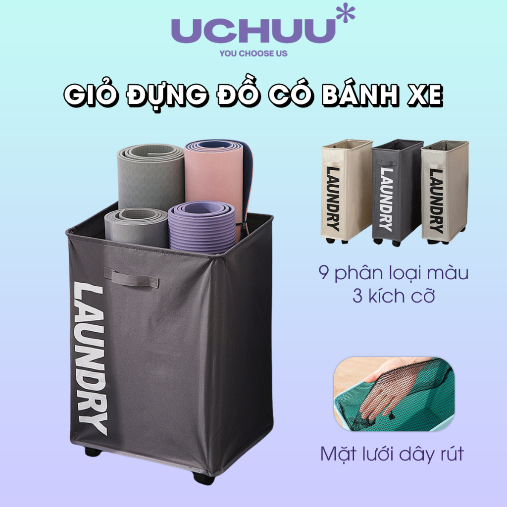 Giỏ Vải Đựng Đồ Có Bánh Xe UCHUU Sọt Đựng Quần Áo Giặt, Thảm Tập Yoga, Di Chuyển Linh Động