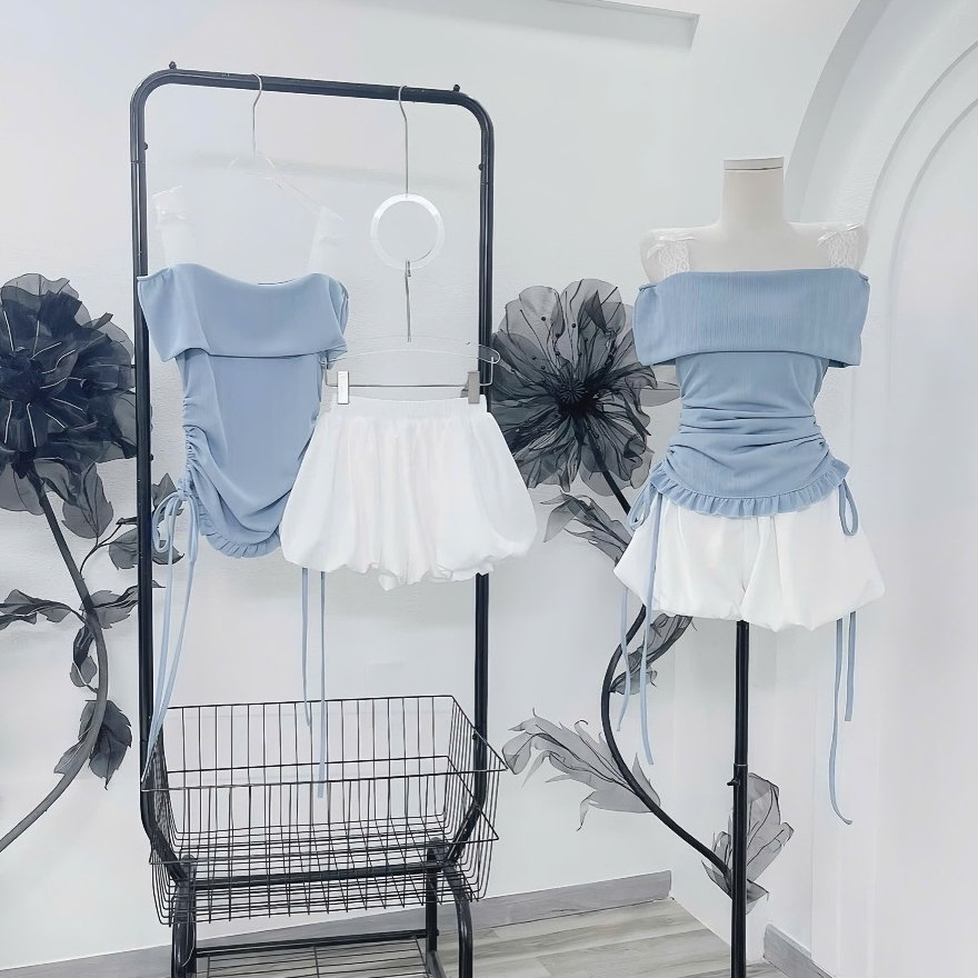 Set Váy Baby Màu Xanh Ngọc Gồm Áo Trễ Vai + Chân Váy Bí Phồng Dáng Tiểu Thư | BigBuy360 - bigbuy360.vn