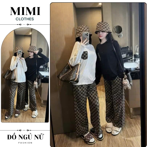 Đồ ngủ nữ bộ đồ nữ set áo thun dài tay mix quần kẻ ô siêu sang MIMI CLOTHES hcom3028
