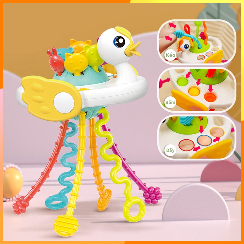 Moontoy Đồ Chơi Rút Dây Silicon Gặm Nướu Hình Đĩa Bay Cho Bé,Đồ Chơi Dây Kéo Cầm Tay Hình Phi Hành, Vịt Cho Trẻ Sơ Sinh
