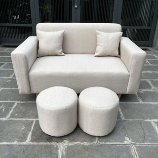 Bộ băng ghế sofa tay vuông 1m4, 1m7 kèm đôn gối màu kem vải bố mịn