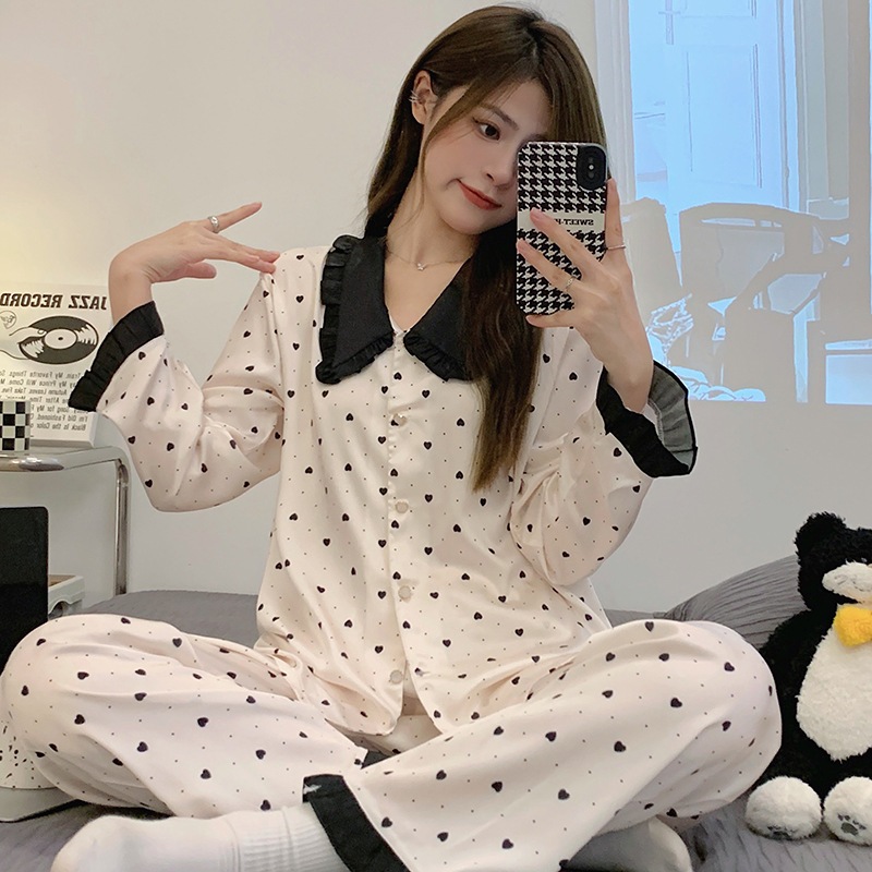 Set Đồ Ngủ Nữ Dài Tay Cute, Vải Lụa Băng Cao Cấp Mềm Mịn PM39, Bộ Đồ Ngủ Quần Dài Nữ Tính