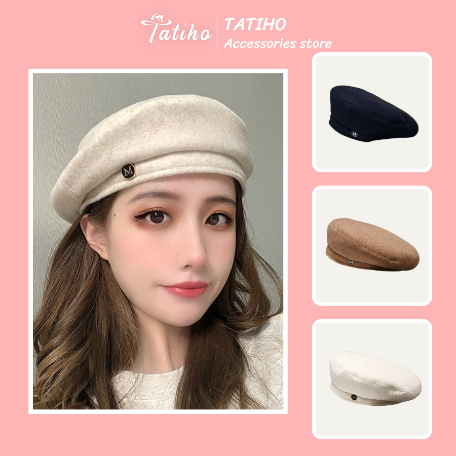 Nón Beret Len Trơn Unisex, Mũ Nồi Họa Sĩ Đính Nút Chữ M Phong Cách Ulzzang Thời Trang Hàn Quốc - Mã NL050