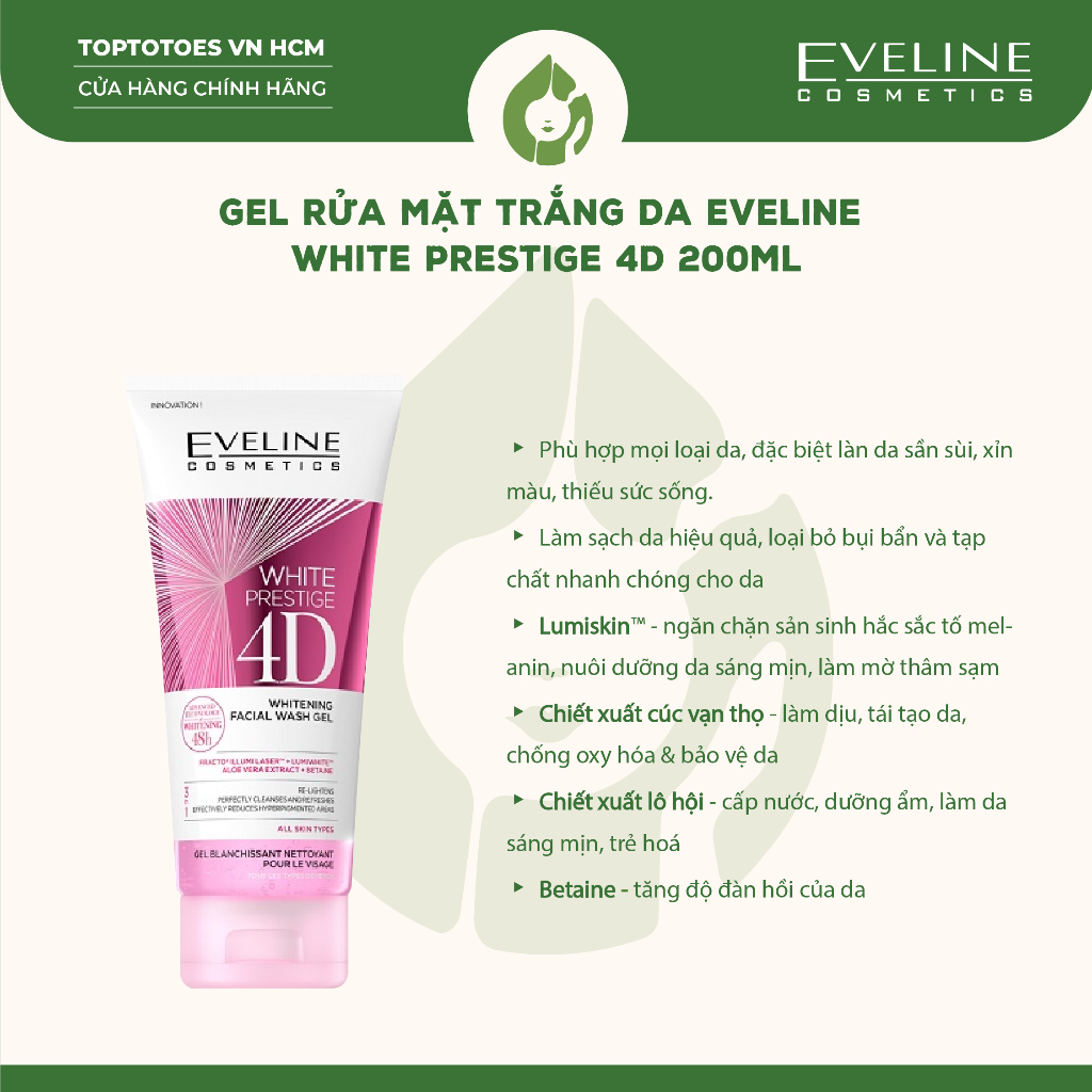 Gel rửa mặt trắng da Eveline White Prestige 4D 200ML