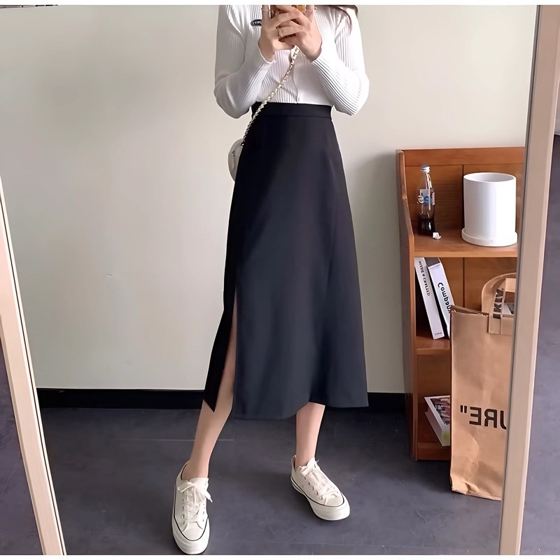Chân váy MIDI chữ A xẻ sườn