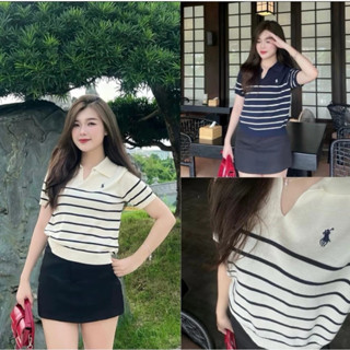 Áo len mongtoghi kẻ ngang cổ bẻ thêu hình ngựa basic hàng quảng châu A470