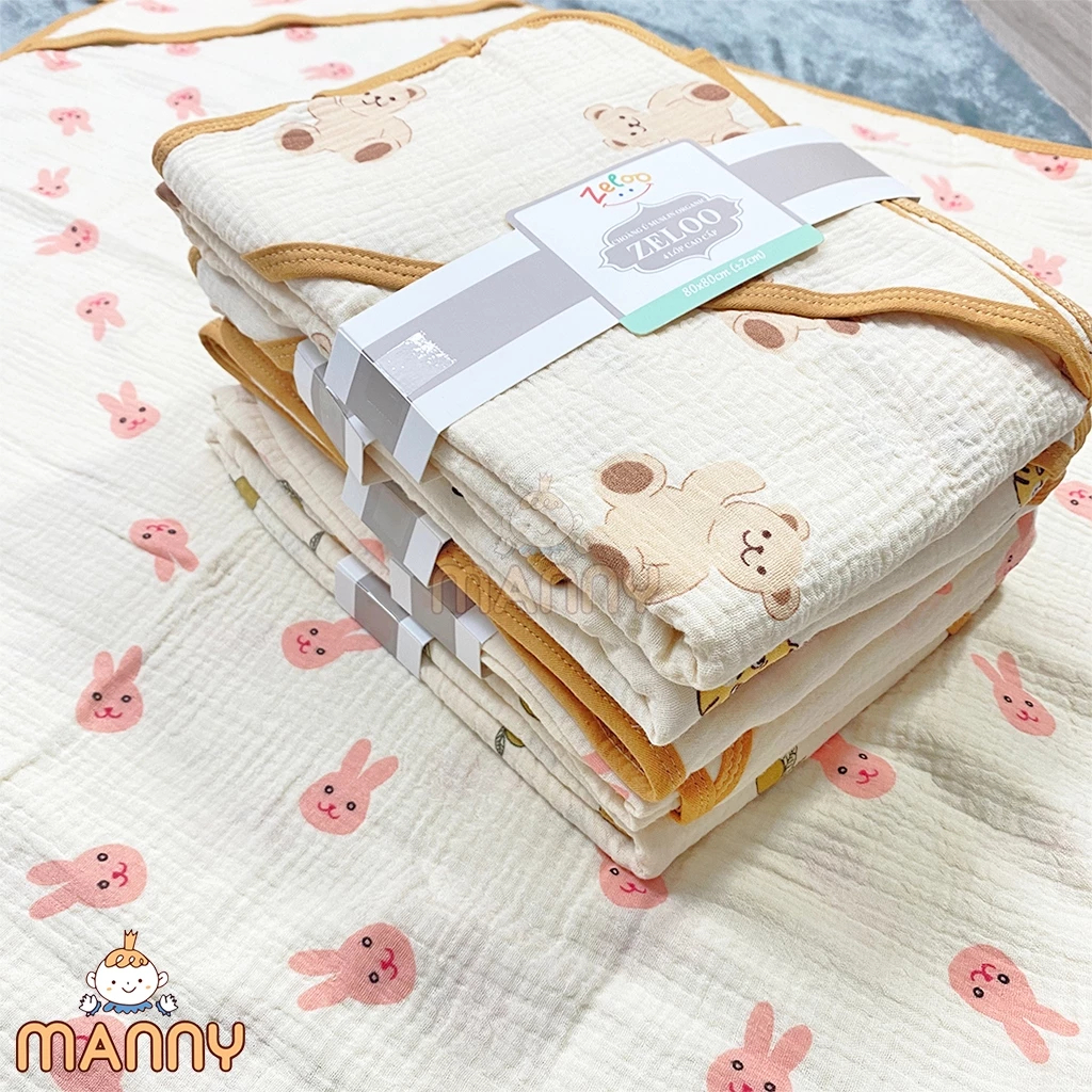 Choàng Ủ Xô Muslin 4 Lớp Zeloo Có Mũ 80x80cm, Khăn Choàng Tắm Cotton Muslin Cho Bé Sơ Sinh