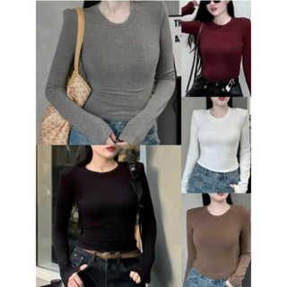 Áo Thun Giấy Lông Thỏ cổ tròn Dài Tay Có Đệm Vai form Ôm tôn dáng