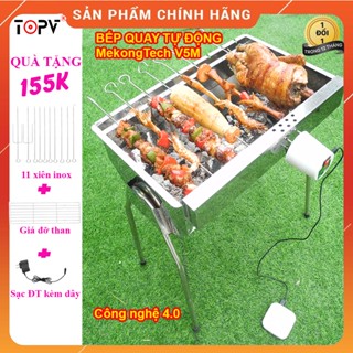 Bếp nướng than hoa tự xoay TopV V5M lò nướng than inox dã ngoại bbq ngoài trời quay gà vịt thịt bếp than củi không khói