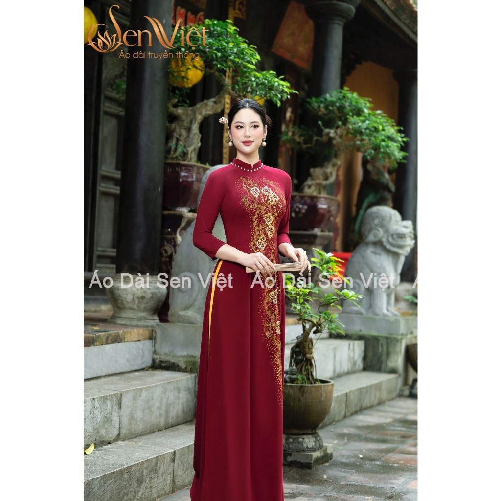 KT3-Áo dài lụa Mango vẽ nhũ kim tuyến đính kết kim sa