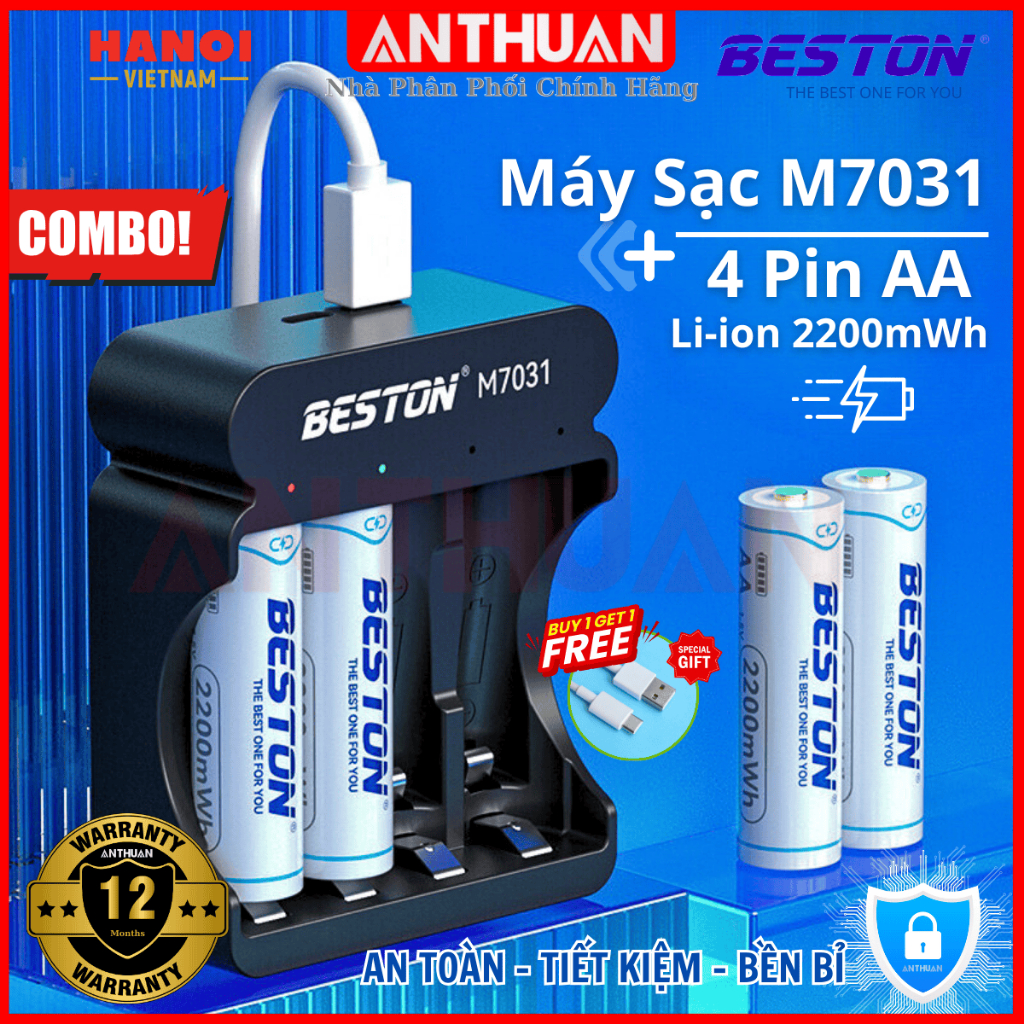 HCM  Combo sạc M7031 và 4 pin AA 2AN-60 2200mWh 1.5V BESTON  Sạc Nhanh - Thông Minh - An Toàn - Tự N