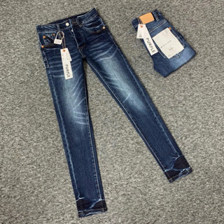 Quần jean bò nam Purple giặt loang màu xanh đậm nhạt vân sóng đính 4 cúc hãng khắc chữ kèm tem mác treo - Quần đi học