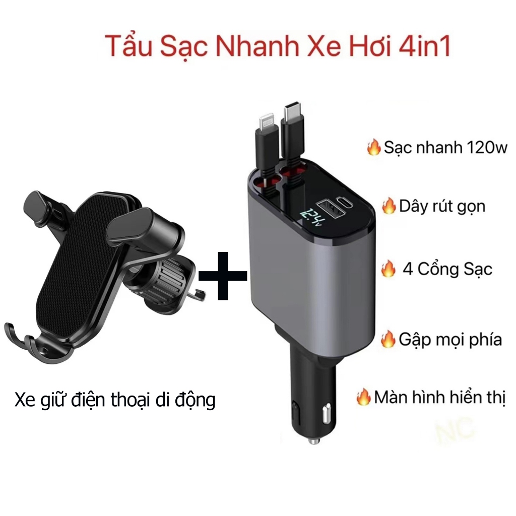 Bộ sạc nhanh tô 4 in 1 sạc nhanh công suất tối đa 120W, với điều hòa không khí xe Vent Clip điện thoại di động đứng