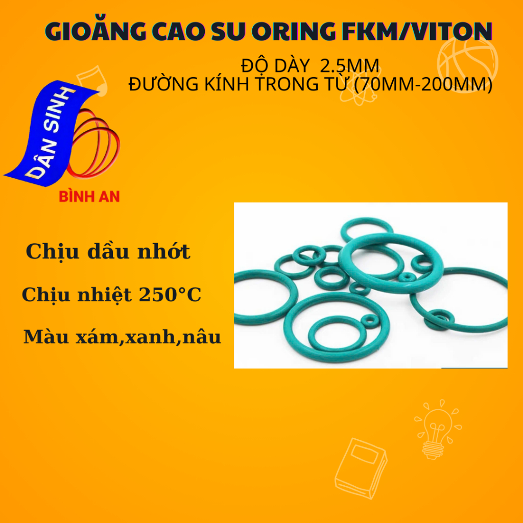 Dày 2.5mm, Đường kính trong Từ 70mm đến 200mm, Gioăng VITON/FKM chịu nhiệt cao