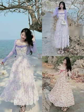 Set đầm khoác - Đầm hoa nhẹ nhàng, thanh lịch, nàng thơ cho các nàng, đầm hoa 2 dây dáng dài xòe kèm khoác tay dài