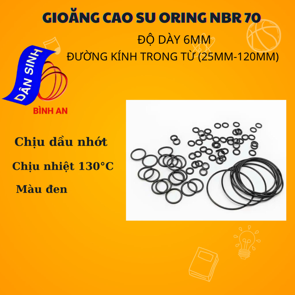 Dày 6mm * (25mm đến 120mm Đường kính trong) Gioăng cao su NBR70