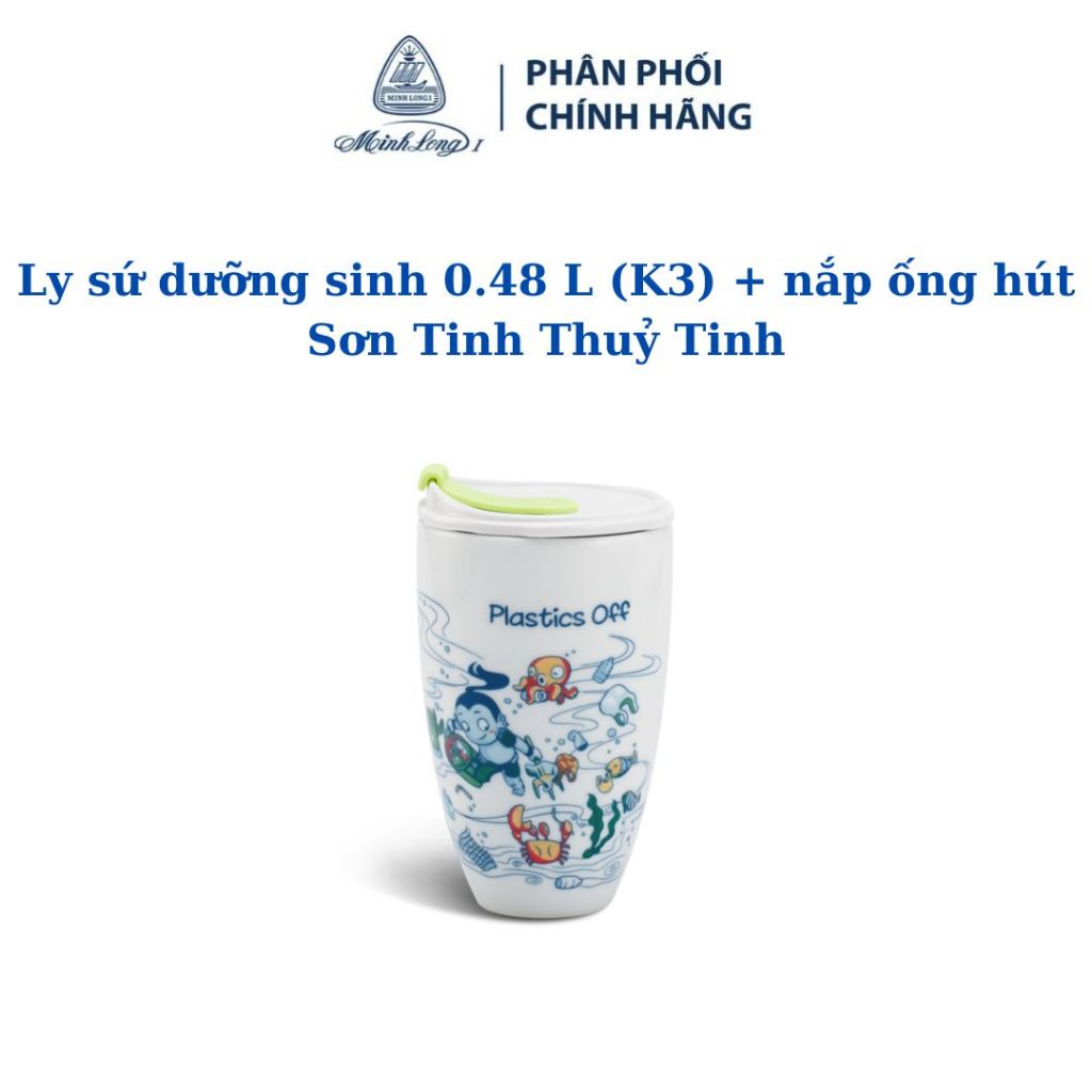 Ly sứ dưỡng sinh 0.48 L (K3) + nắp ống hút - Sơn Tinh Thuỷ Tinh - Gốm sứ cao cấp Minh Long I