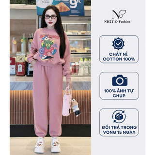 Đồ bộ nỉ nữ NH2T họa tiết sói già chất nỉ cotton form vừa tôn dáng SN12