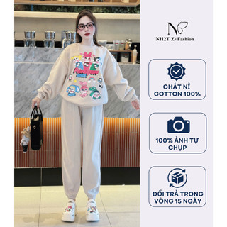 Đồ bộ nỉ nữ NH2T họa tiết thỏ xí hổ dễ thương chất cotton form rộng SN13