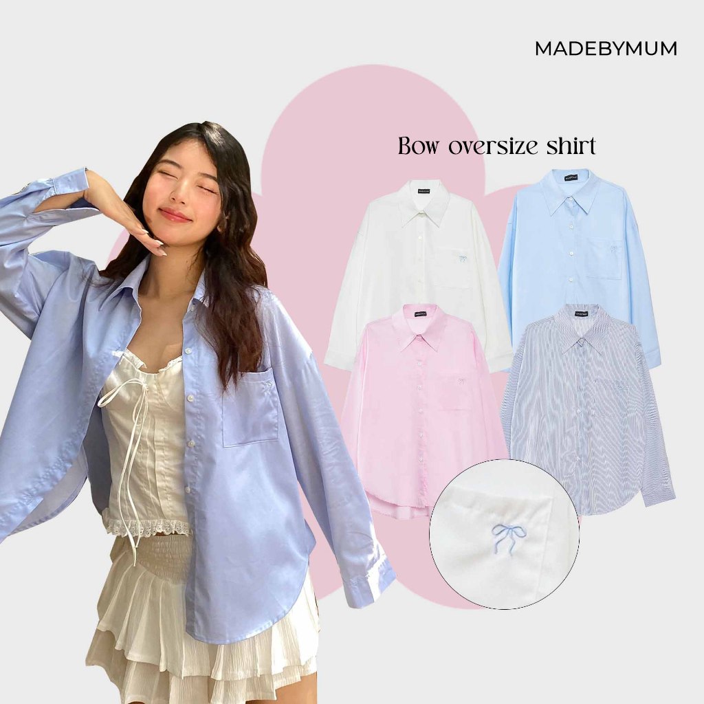 MbmumProject Bow Oversize Shirt Áo Somi Trơn Tay Dài Có Túi In Nơ
