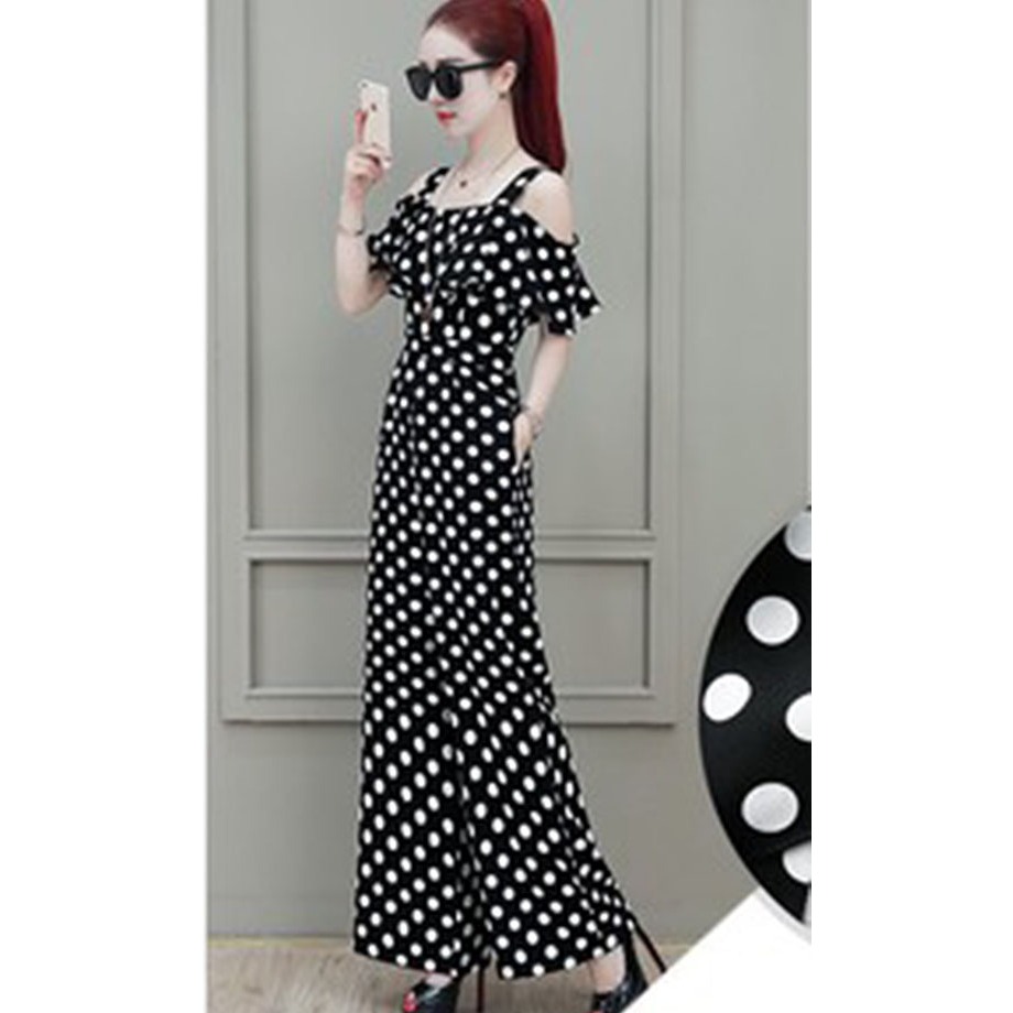 .Thời  trang thiết kế. ❣️FREESHIP❣️Jumpsuit chấm bi dài trễ vài SANG CHẢNH HANA