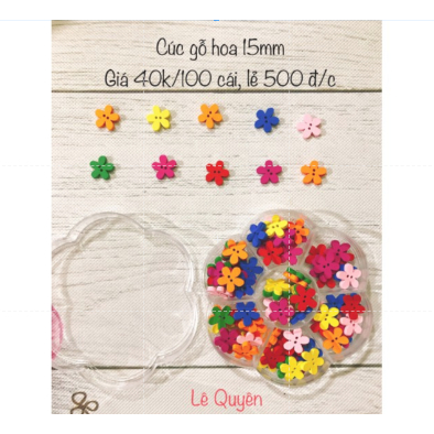 Cúc gỗ hoa màu 15mm 100 cái