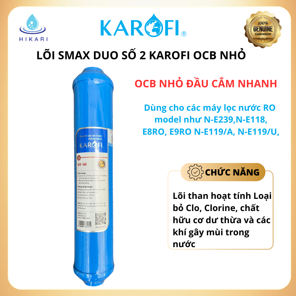 Lõi Lọc Nước Smax Duo Số 2 KAROFI OCB Nhỏ Than Hoạt Tính Dòng Cắm Nhanh - Hàng Chính Hãng