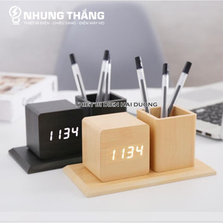 Đồng Hồ Gỗ Led Để Bàn Hình Vuông Bằng DH-96 - Kiêm Hộp Đựng Bút - 4 Màu Thanh Lịch - Trang Trí Decor Vintage Căn Phòng