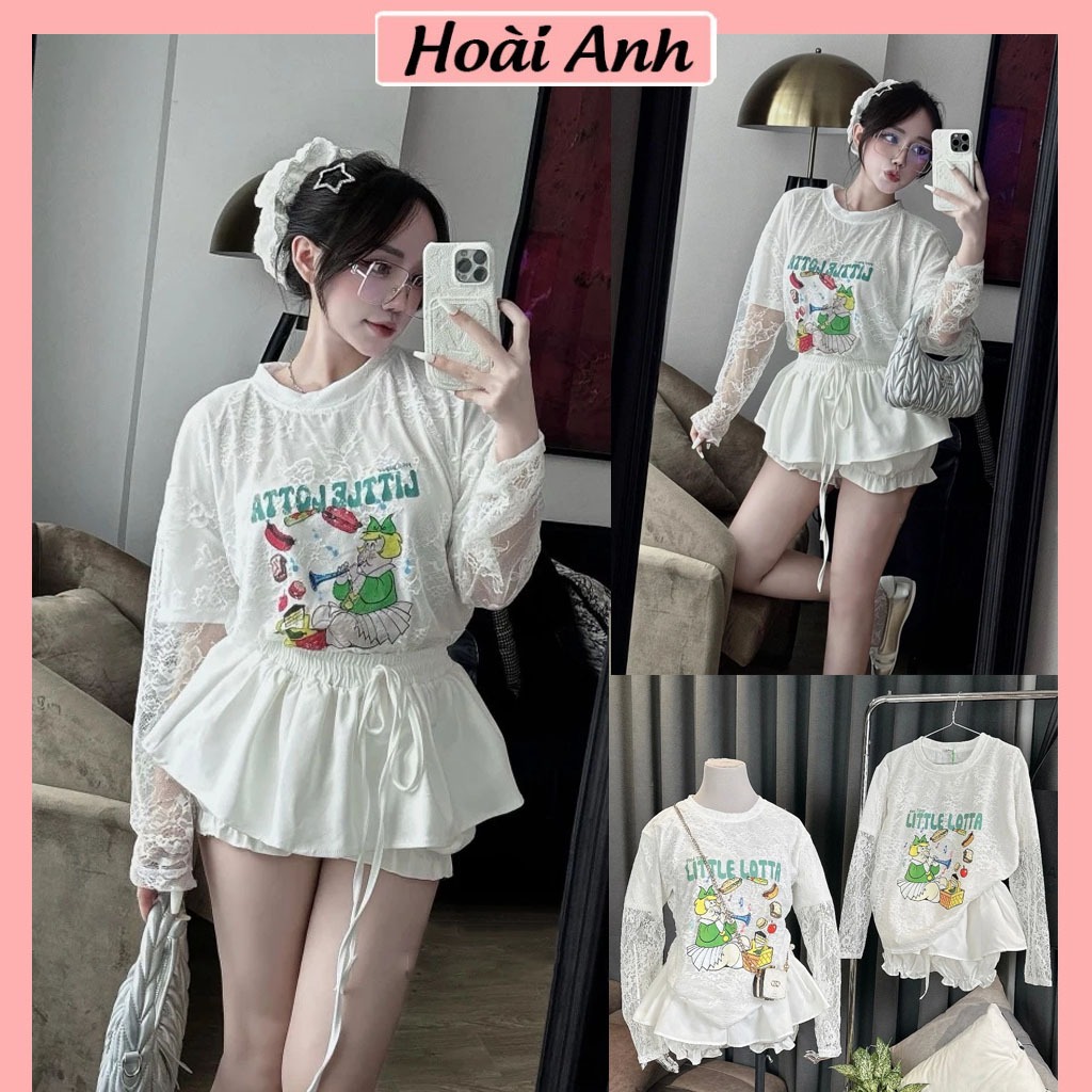 Set Bộ Đồ Nữ LITTLE LOTTA Ren Hoa Nổi Áo Dài Tay Có Lót Trong Mix Quần Váy Bo Chun Phồng Gấu Freesize