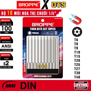 Bộ 10 mũi vít hoa thị có lỗ dài 100mm từ tính BROPPE | Mũi hoa thị chuôi lục giác nam châm trợ lực, thép S2 siêu bền