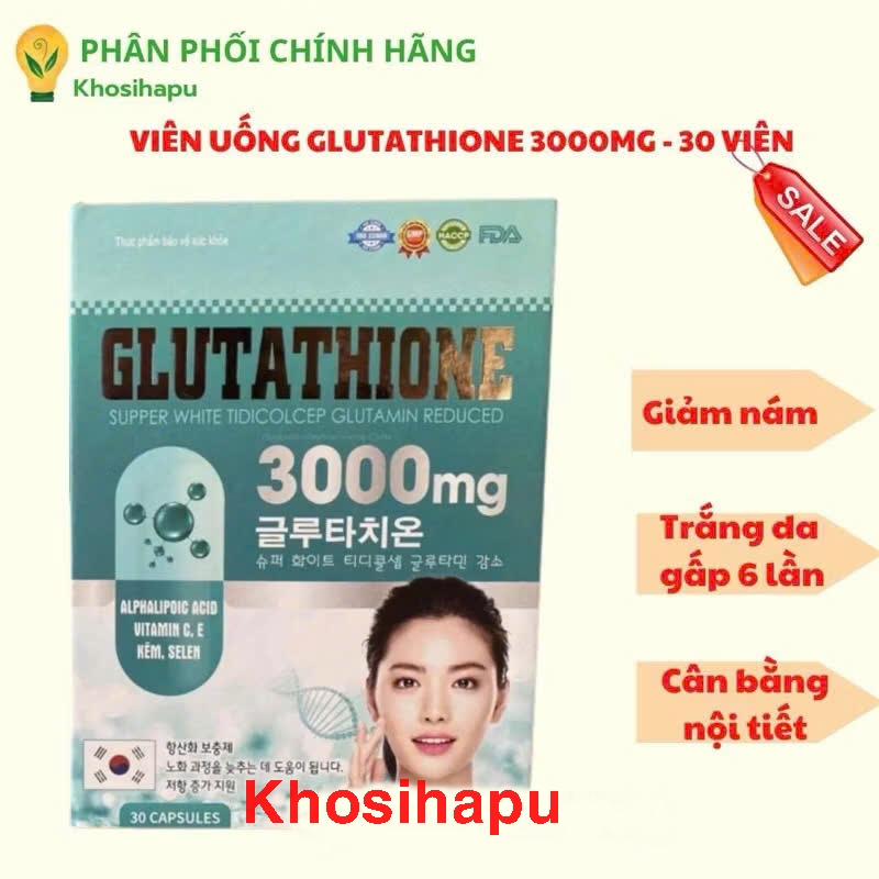 Viên uống trắng da mờ nám GLUTATHIONE 3000mg - Glutathione 2000mg - Hỗ trợ làm đẹp da Glutathion 1000mg Hộp 30 viên