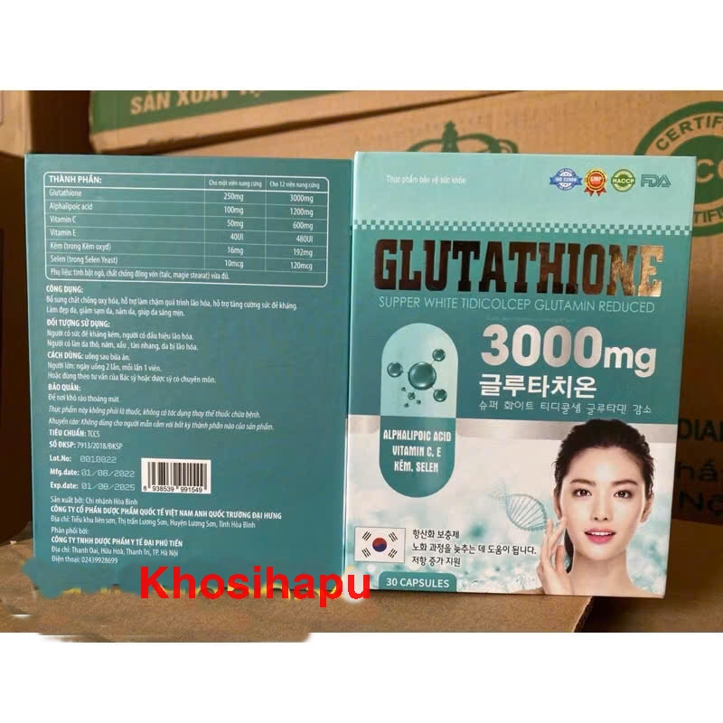 Viên uống trắng da mờ nám GLUTATHIONE 3000mg - Glutathione 2000mg - Hỗ trợ làm đẹp da Glutathion 1000mg Hộp 30 viên