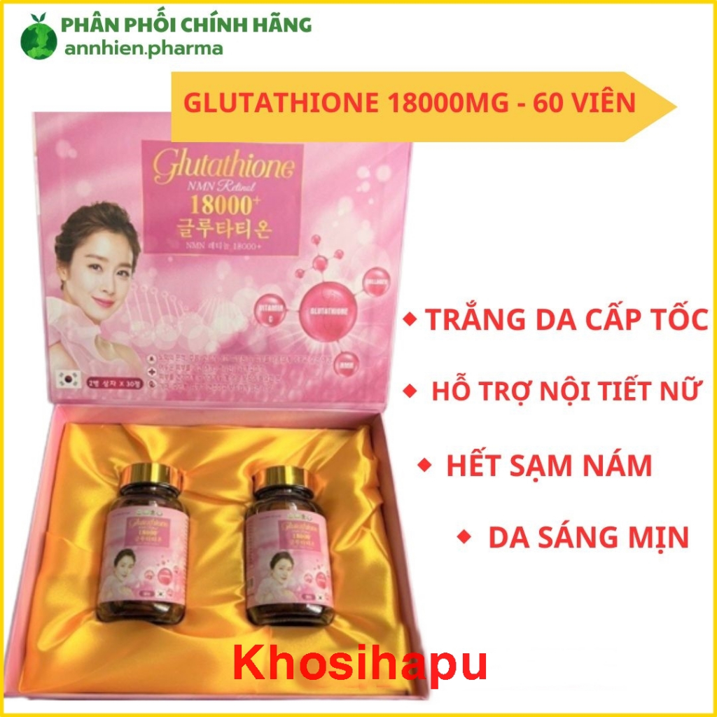 Viên uống Trắng da GLUTATHIONE 18000mg viên uống trắng da cấp tốc giảm nám mờ thâm nhăn căng bóng tăng sinh lý nữ 60v